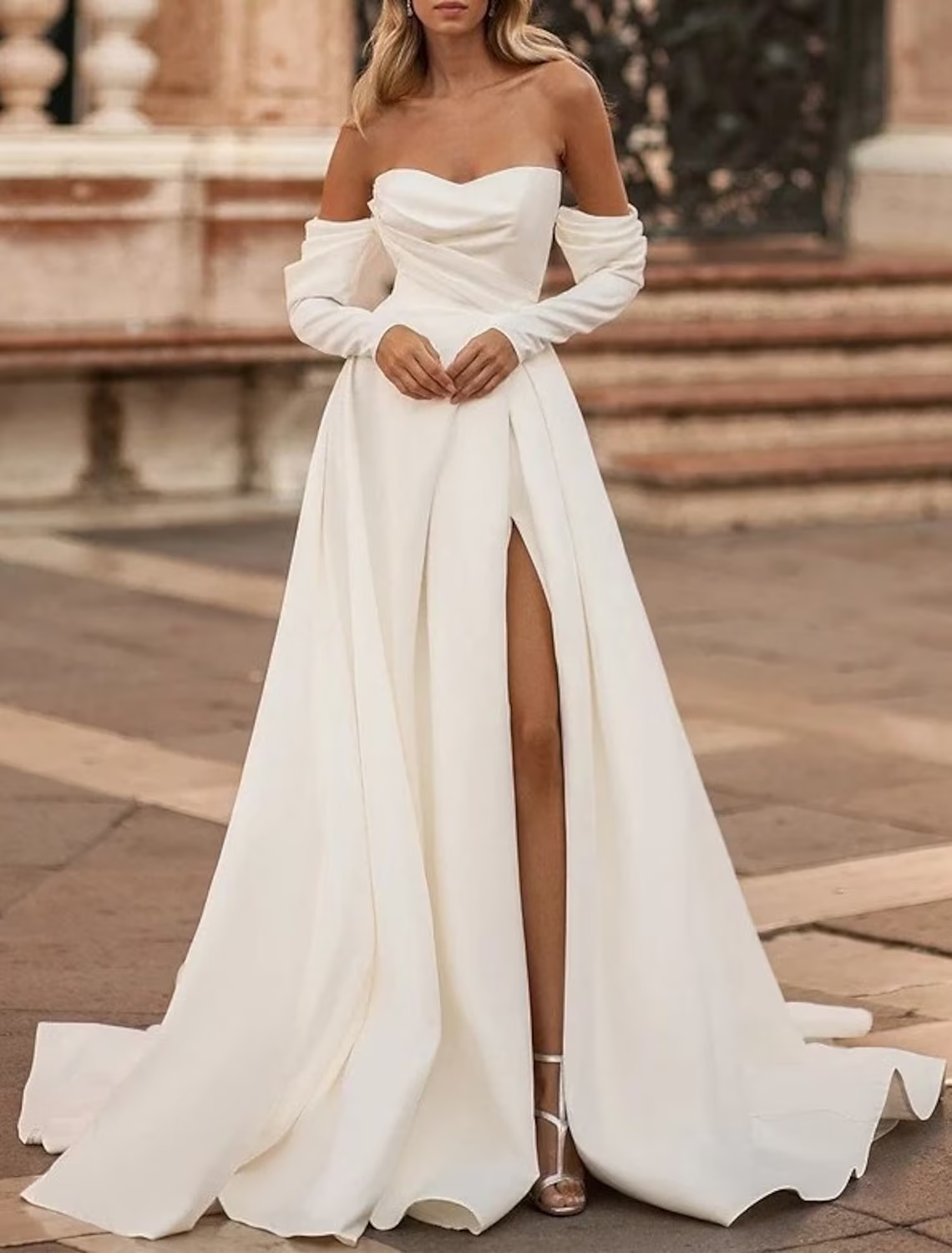 Hall Casual Wedding Dresses Court Train A-Line Long Sleeve Off Shoulder Satin With Split Front Solid Color