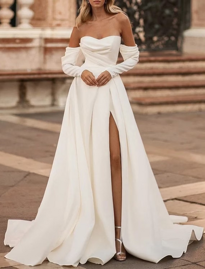 Hall Casual Wedding Dresses Court Train A-Line Long Sleeve Off Shoulder Satin With Split Front Solid Color