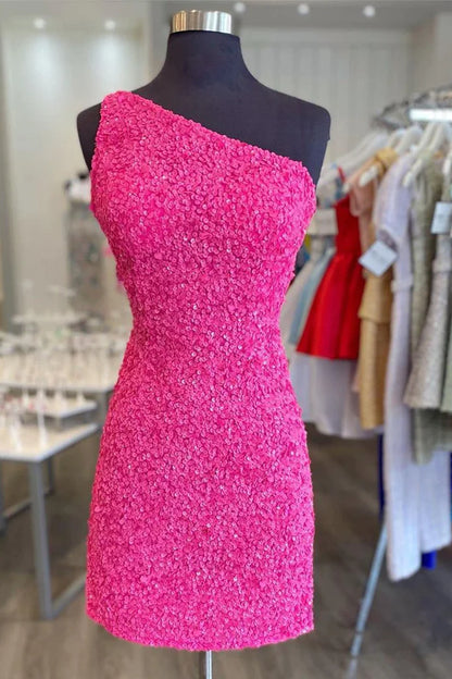 Glitter One-Shoulder Hot Pink Homecoming Dress With Sequins