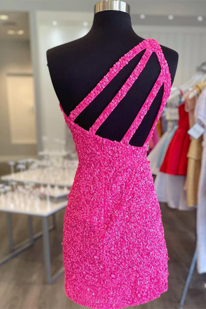 Glitter One-Shoulder Hot Pink Homecoming Dress With Sequins