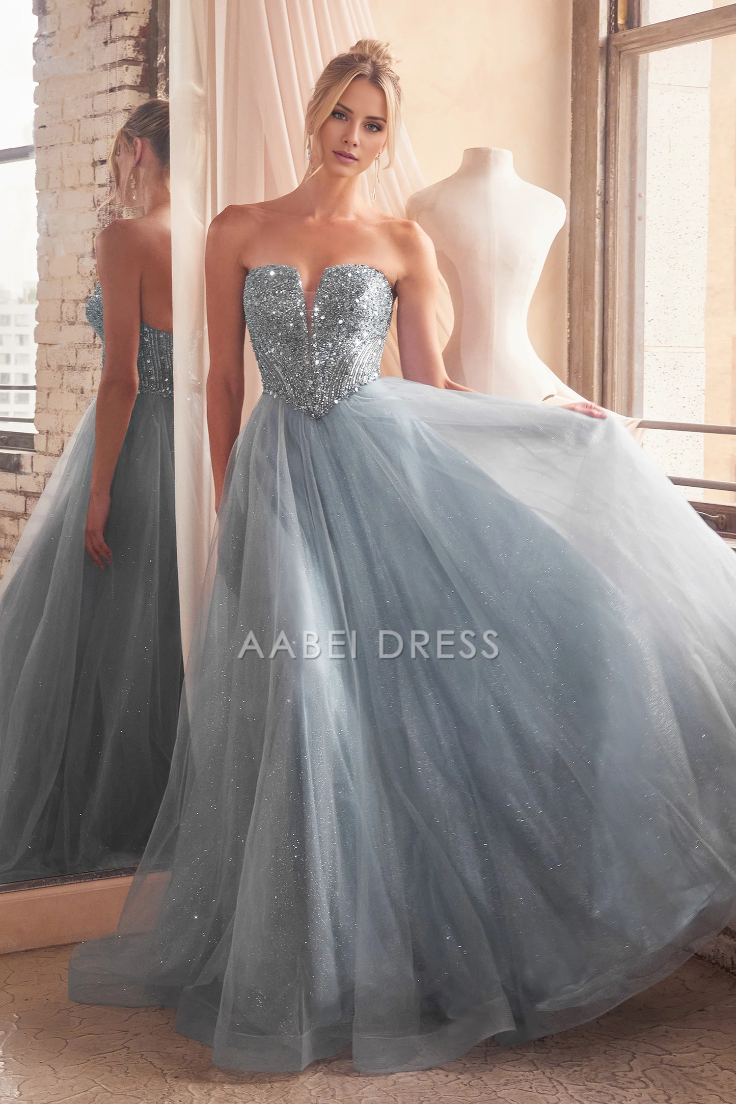 AABEI DRESS Hot Sale Prom Dress Fantastic A Line Strapless Illusion V-Neck Bodice Open Lace-Up Back Sparkle Long Evening Dress