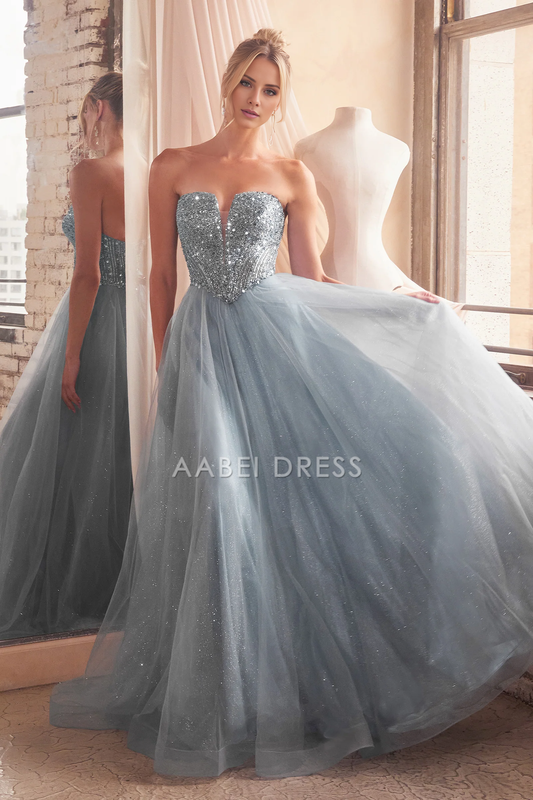 AABEI DRESS Hot Sale Prom Dress Fantastic A Line Strapless Illusion V-Neck Bodice Open Lace-Up Back Sparkle Long Evening Dress