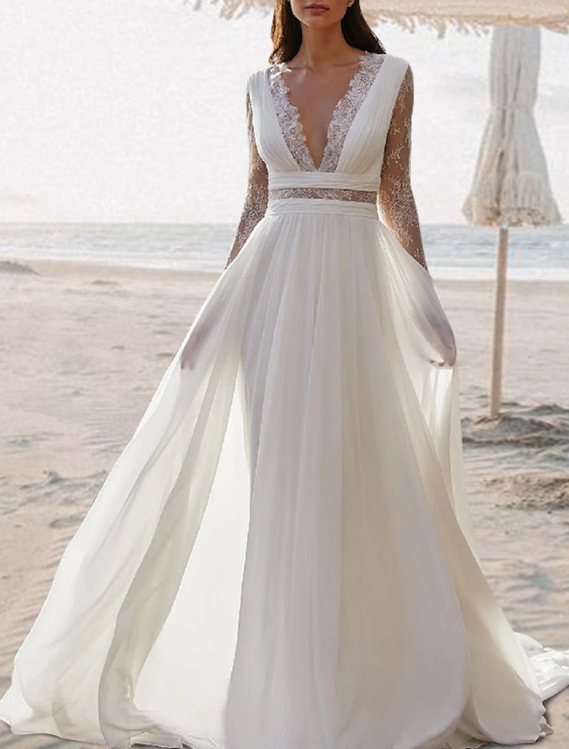 Beach Open Back V Neck Sleeveless Floor Length Chiffon Bridal Gowns With Pleats Wedding Dresses&nbsp;