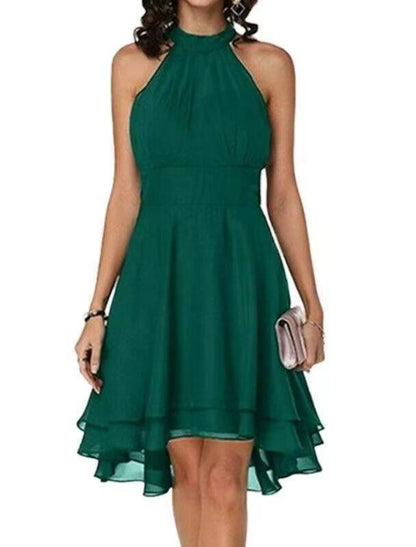 Wedding Guest Engagement Knee Length Sleeveless Neck Chiffon V Back with Sleek Tiered Party Dress