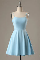 A-Line Spaghetti Straps Short Blue Satin Homecoming Dress