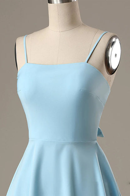 A-Line Spaghetti Straps Short Blue Satin Homecoming Dress