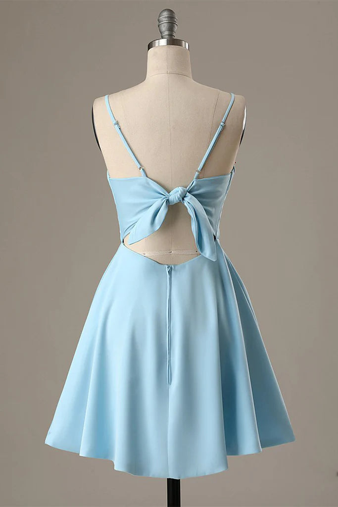 A-Line Spaghetti Straps Short Blue Satin Homecoming Dress