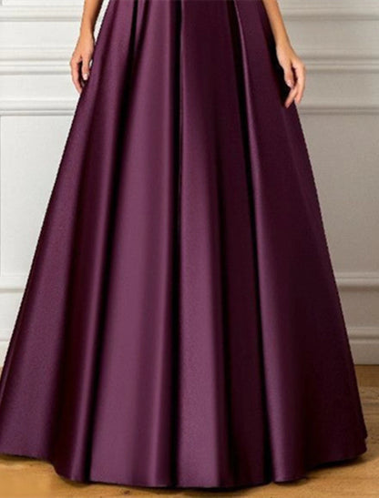 Gown Elegant Formal Wedding Guest Floor Length 3/4 Length Sleeve V Neck Satin with Pleats Sequin Evening Dress