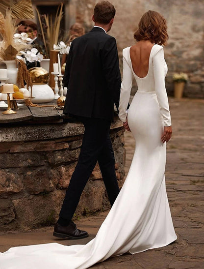 Open Back Royal Style Simple Wedding Dresses Mermaid / Trumpet Square Neck Long Sleeve Court Train Satin With Solid Color Summer Wedding Party Bridal Gowns