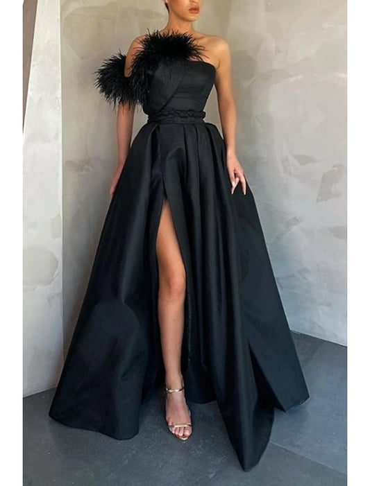 Wedding Guest Tie Gala Floor Length Sleeveless Strapless Satin with Feather Slit Evening Dress