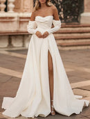 Simple A-Line Off Shoulder Long Sleeve Court Train Satin Wedding Dresses Bridal Gowns