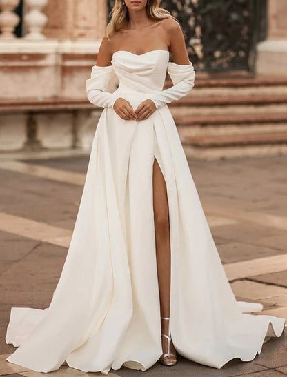 Simple A-Line Off Shoulder Long Sleeve Court Train Satin Wedding Dresses Bridal Gowns