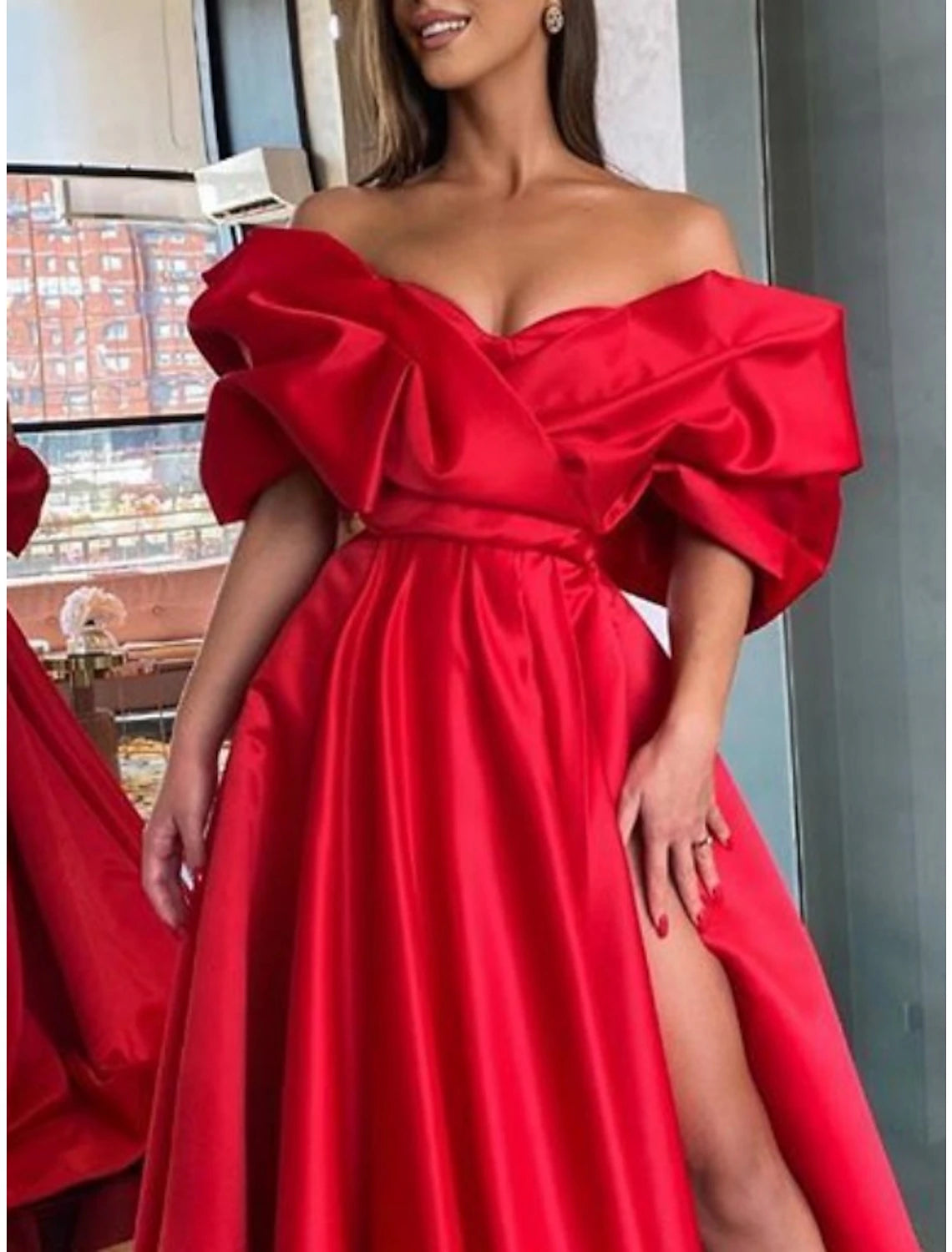 Gown Dress Tie Gala Sweep / Brush Train Half Sleeve Off Shoulder Satin with Ruched Slit Evening Dress