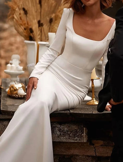 Open Back Royal Style Simple Wedding Dresses Mermaid / Trumpet Square Neck Long Sleeve Court Train Satin With Solid Color Summer Wedding Party Bridal Gowns