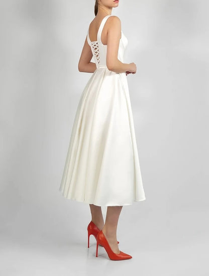 Wedding Dresses A-Line Scoop Neck Sleeveless Tea Length Satin Bridal Gowns With Pleats Solid Color