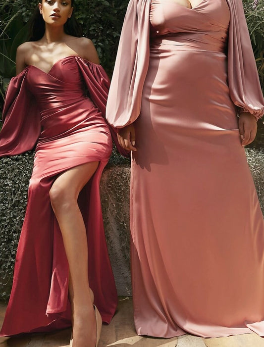 Bridesmaid Dress Mermaid Trumpet Off Shoulder Long Sleeve Pink Floor Length Chiffon Satin with Split Front