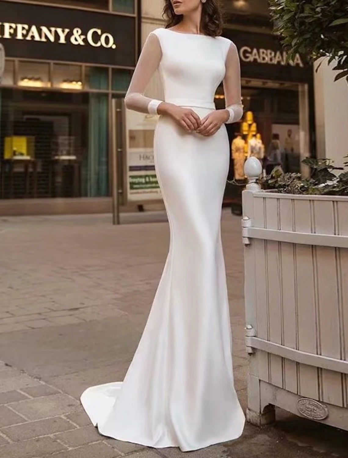 Royal Style Simple Wedding Dresses Mermaid / Trumpet Scoop Neck Long Sleeve Sweep / Brush Train Satin With Solid Color Summer Wedding Party Bridal Gowns