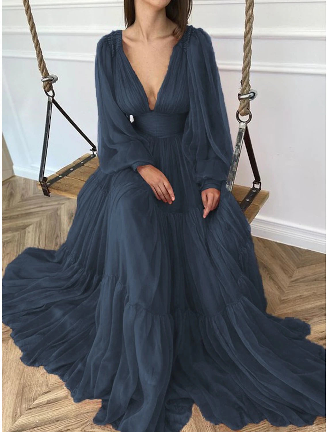 Wedding Guest Dress Formal Floor Length Long Sleeve V Neck Chiffon with Evening Dresses ﻿