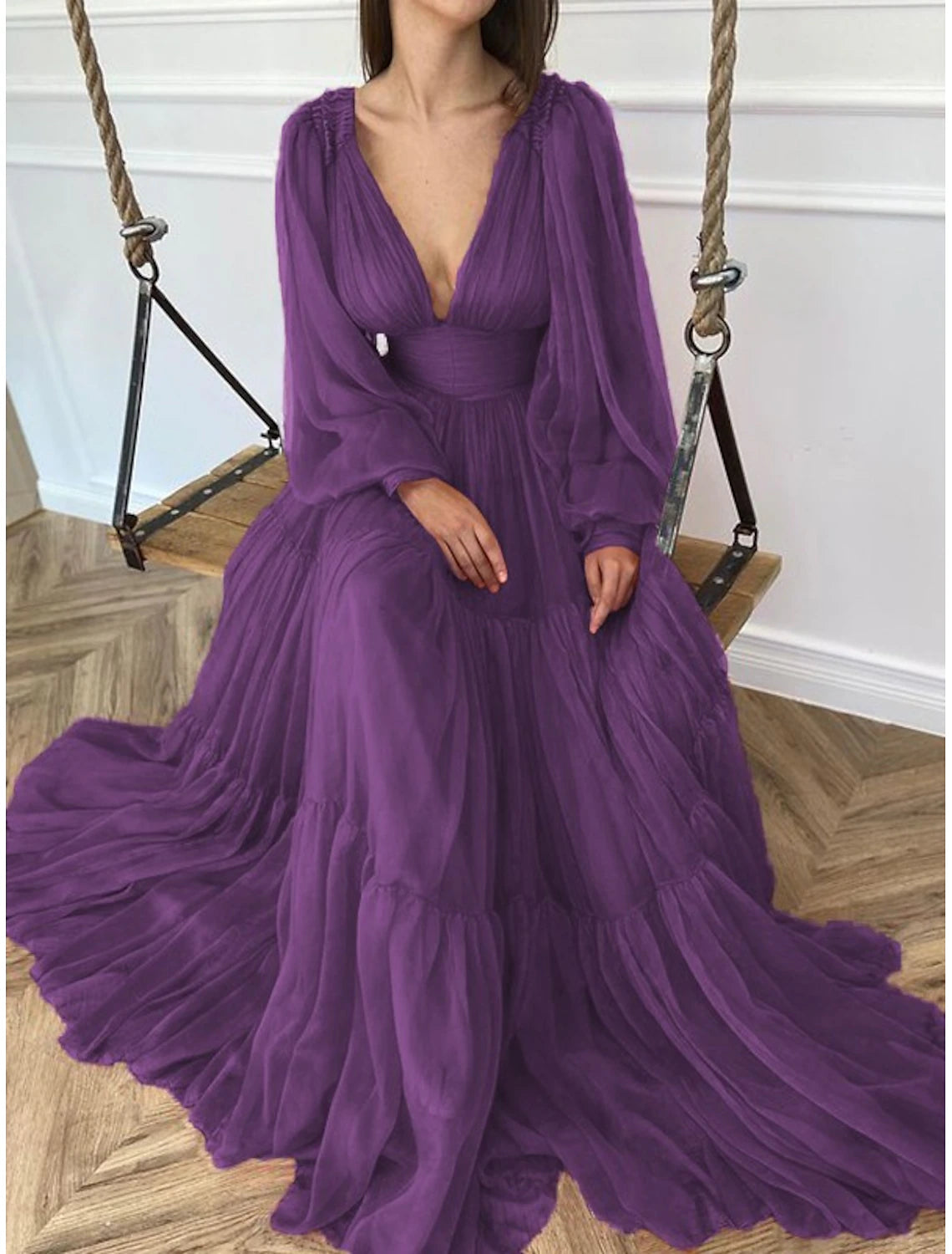 Wedding Guest Dress Formal Floor Length Long Sleeve V Neck Chiffon with Evening Dresses ﻿