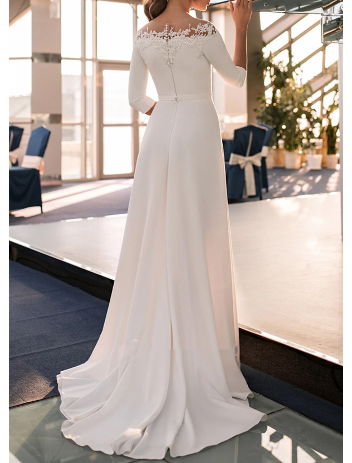 Formal Wedding Dresses A-Line Off Shoulder 3/4 Length Sleeve Sweep / Brush Train Lace Bridal Gowns