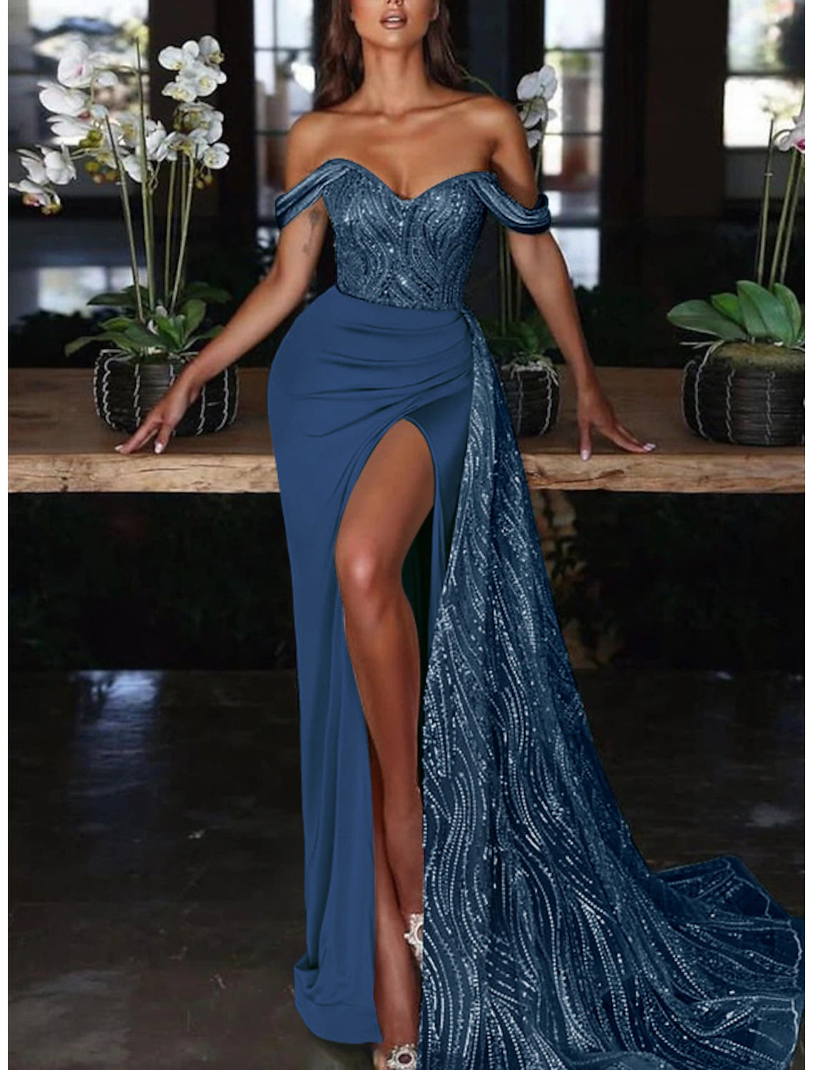 Mermaid Dress Formal Wedding Guest Court Train Sleeveless Off Shoulder with Ruched Sequin Slit Evening Gown Dress