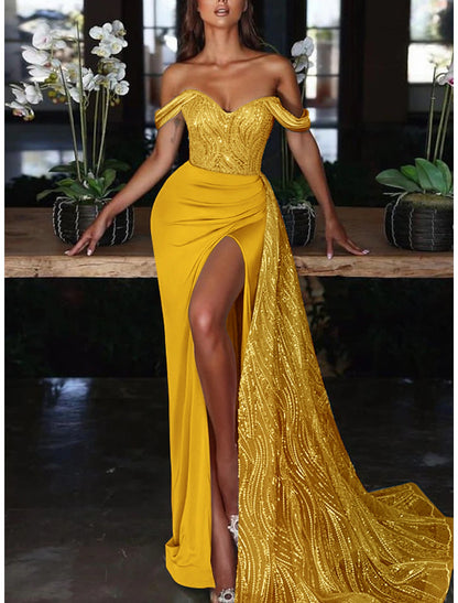 Mermaid Dress Formal Wedding Guest Court Train Sleeveless Off Shoulder with Ruched Sequin Slit Evening Gown Dress