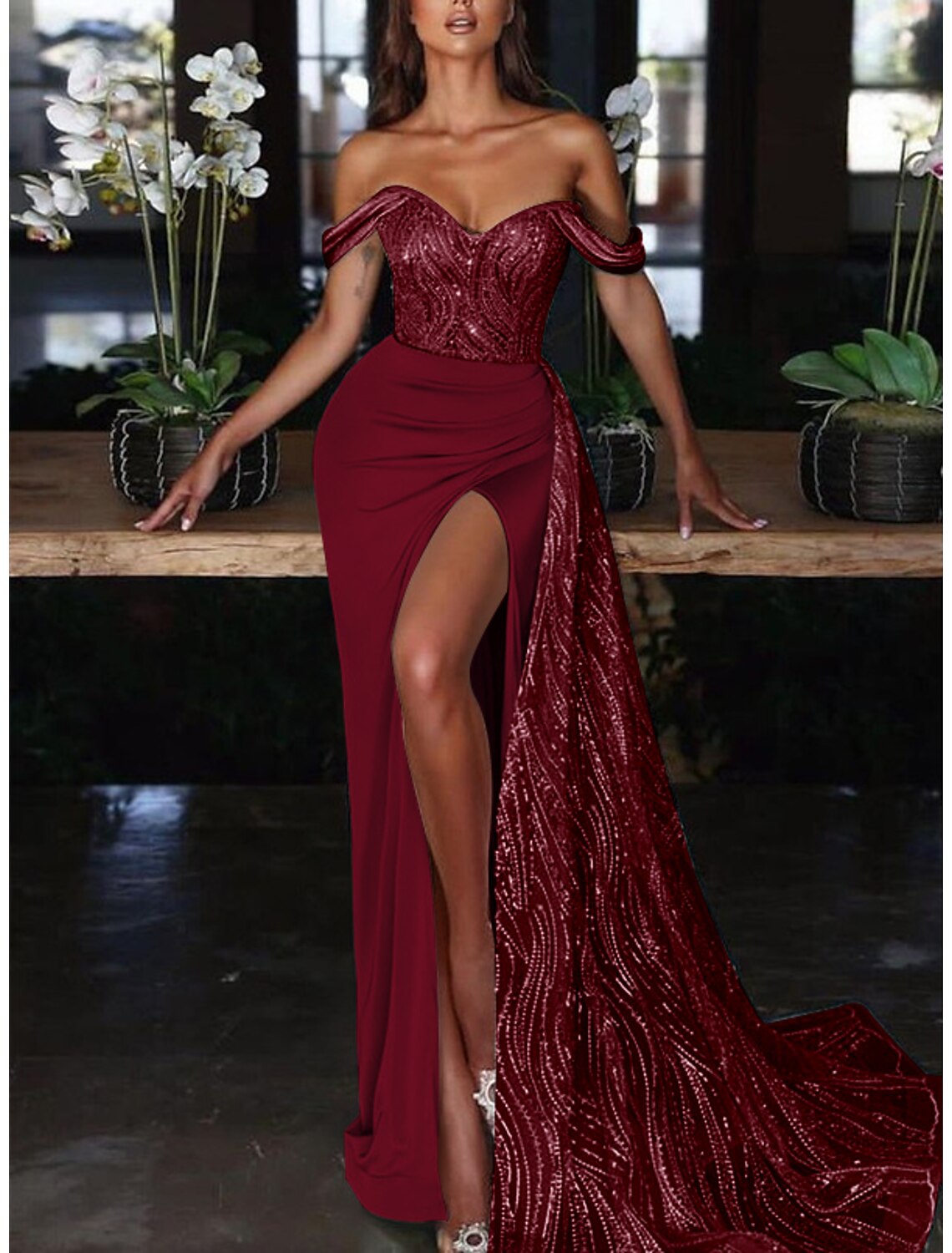 Mermaid Dress Formal Wedding Guest Court Train Sleeveless Off Shoulder with Ruched Sequin Slit Evening Gown Dress