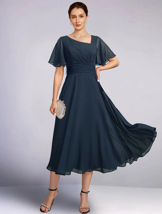 Formal Elegant V Neck Tea Length Chiffon 3/4 Length Sleeve with Solid Color Mother of the Bride Dress