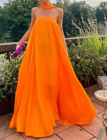 Wedding Guest Dress Fairy Dress Formal Tie Floor Length Sleeveless Strapless Stretch Chiffon with Pleats Shawl Evening Dresses