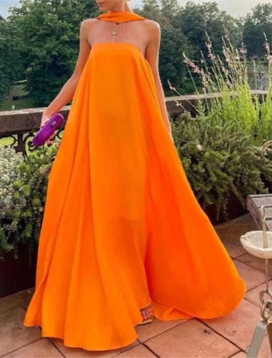 Wedding Guest Dress Fairy Dress Formal Tie Floor Length Sleeveless Strapless Stretch Chiffon with Pleats Shawl Evening Dresses