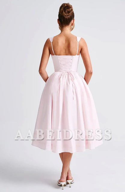 Formal Wear Dresses Bridesmaid Dresses Lace Trim Square Neckline Lace up sweet Midi Dress Wedding Guests Dresses