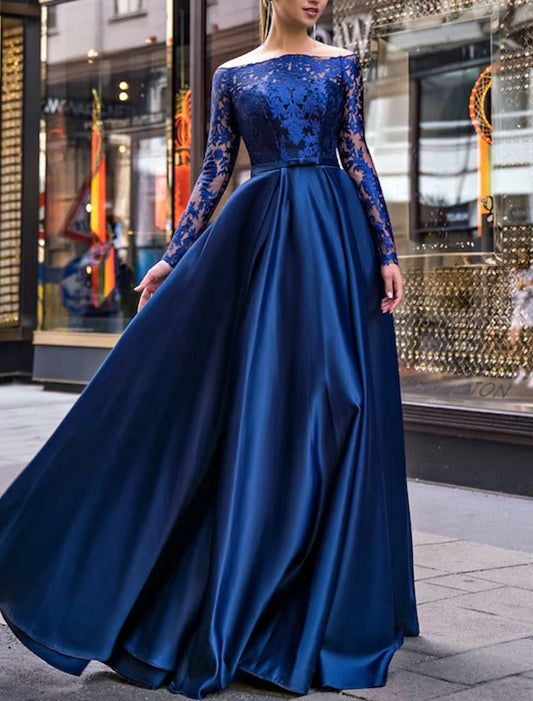 Elegant Dress Wedding Guest Fall Floor Length Long Sleeve Off Shoulder Belt / Sash Satin with Appliques Evening Dress