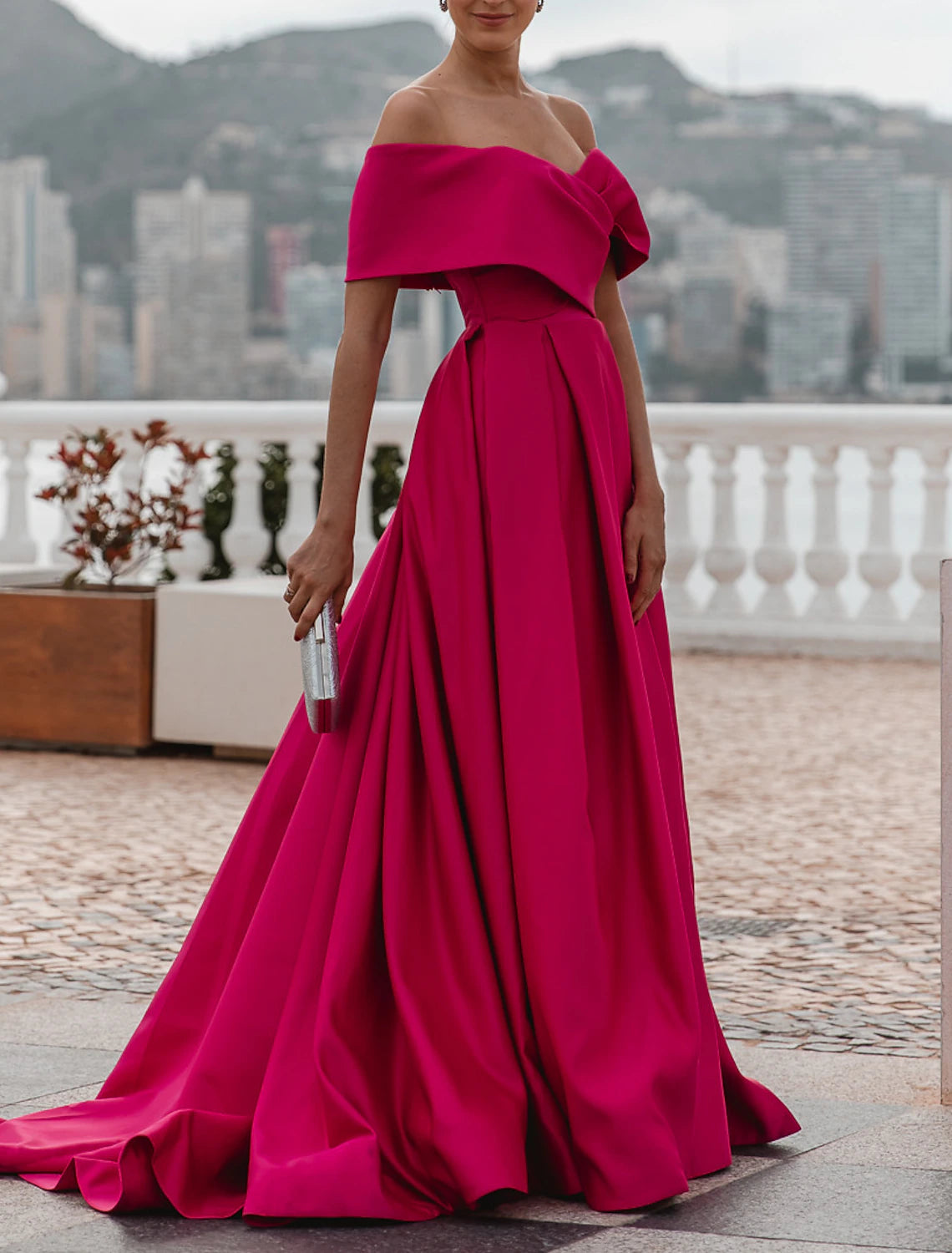 Evening Dress Wedding Guest Party Dress Celebrity Style Dress Formal Wedding Court Train Sleeveless Off Shoulder Bridesmaid Dress Satin with Ruched Dress