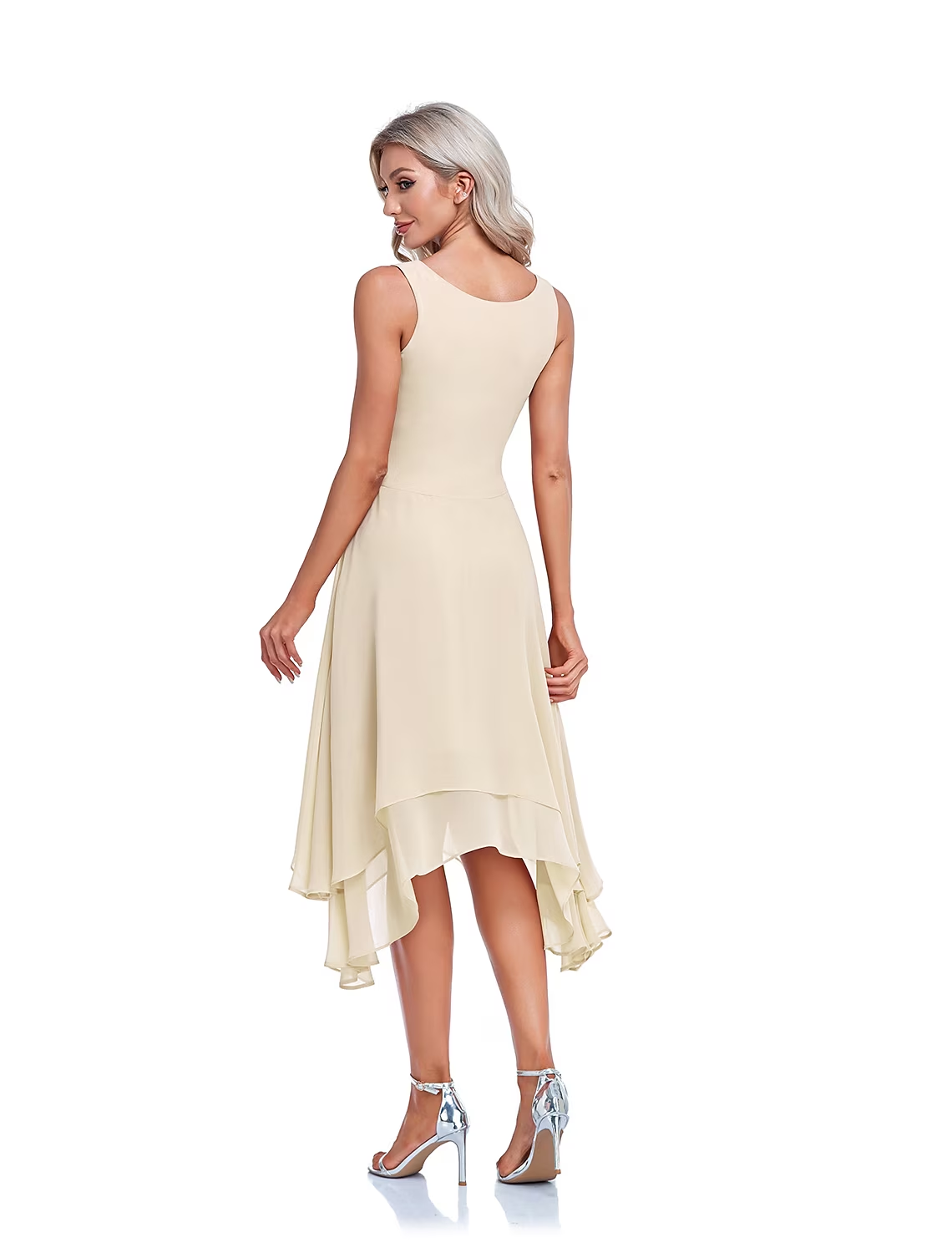 A-Line Mother of the Bride Dress Elegant High Low Wrap Included Jewel Neck Asymmetrical Tea Length Imitated Silk Sleeveless Wrap Included with Beading Ruffles Embroidery