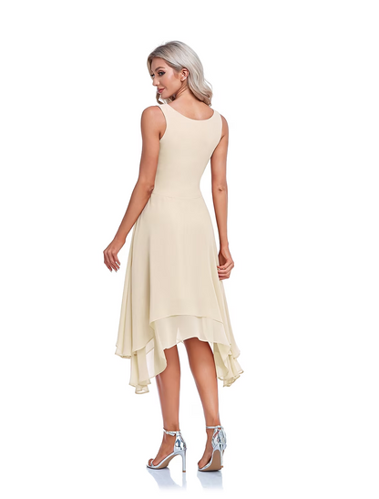 A-Line Mother of the Bride Dress Elegant High Low Wrap Included Jewel Neck Asymmetrical Tea Length Imitated Silk Sleeveless Wrap Included with Beading Ruffles Embroidery