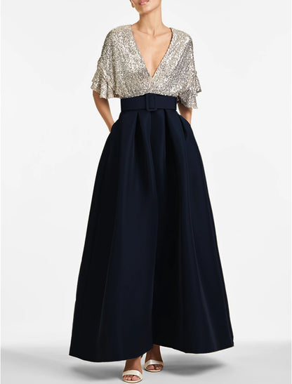 Guest Dress Sparkle Shine Dress Formal Ankle Length Half Sleeve V Neck Fall Black Tie Sequined with Sequin Party Dress