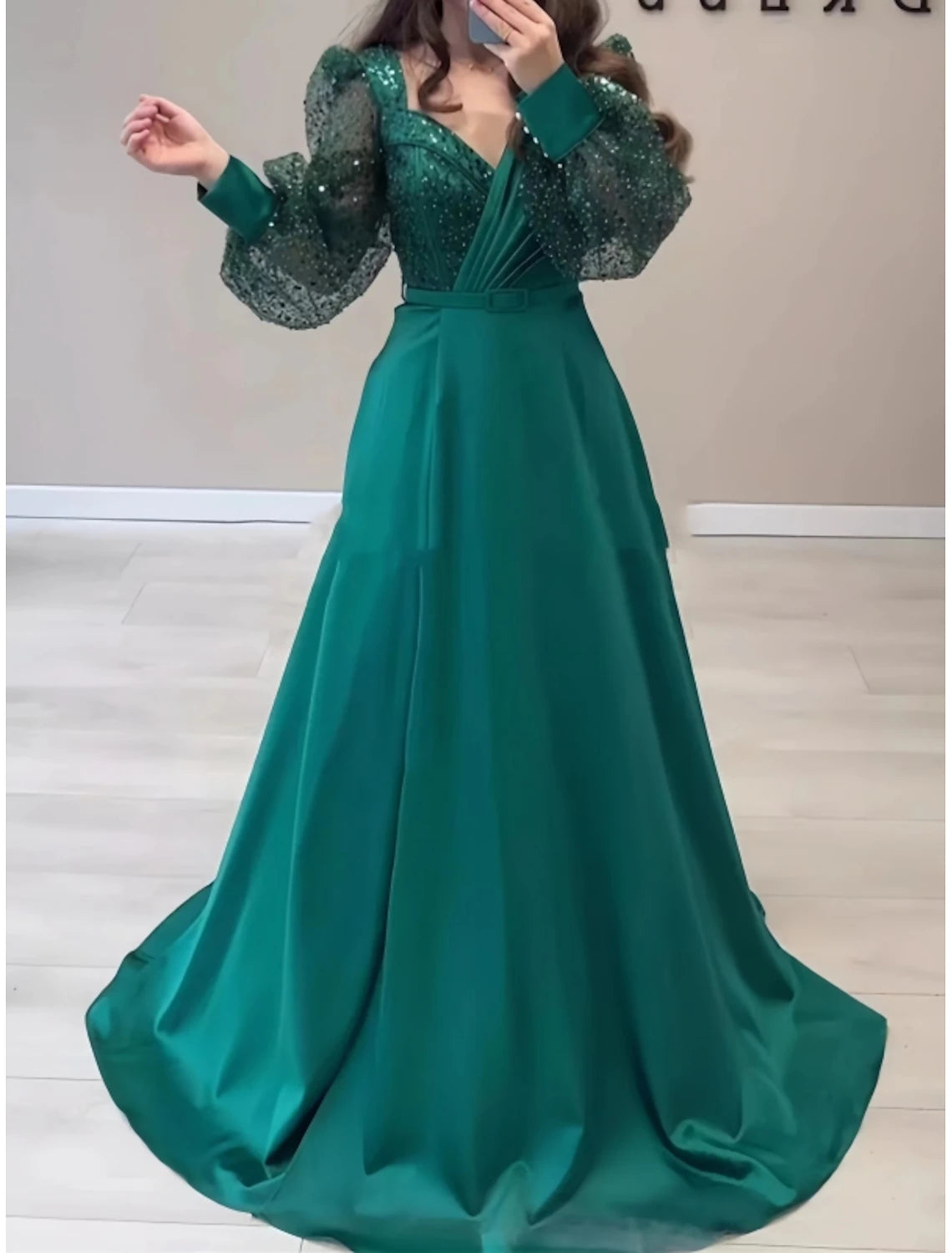 Formal Fall Brush Train Long Sleeve V Neck Satin with Glitter Pleats Evening Gown Elegant Dress