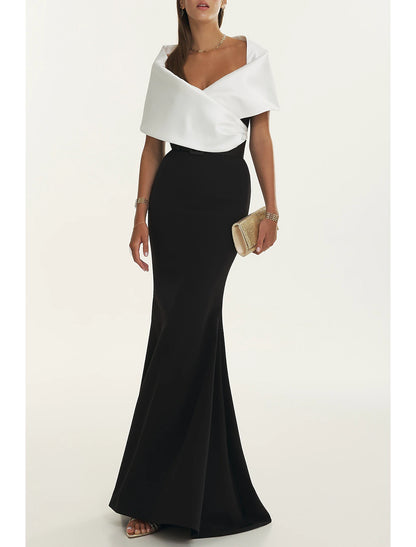 Gown Elegant Formal Fall Sweep / Brush Train Short Sleeve Off Shoulder Belt / Sash Satin with Pleats Evening Dress