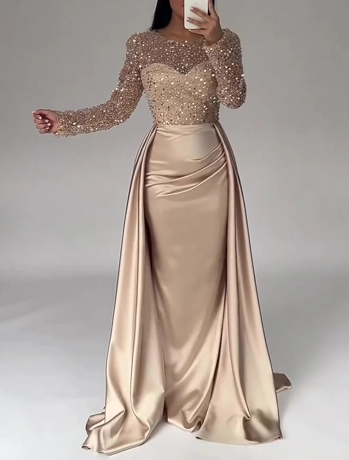 Mermaid Sequin Gown Ruched Satin Long Sleeves Floor Length Sparkle Illusion Neck Prom Wedding Guest Dress with Pearls Evening Dress