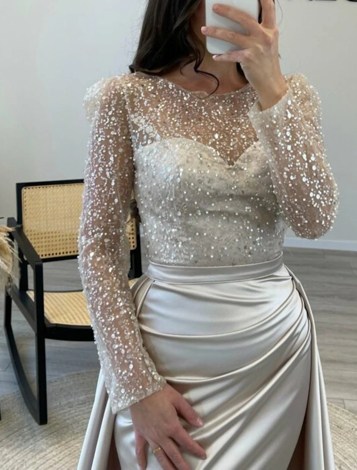 Mermaid Sequin Gown Ruched Satin Long Sleeves Floor Length Sparkle Illusion Neck Prom Wedding Guest Dress with Pearls Evening Dress