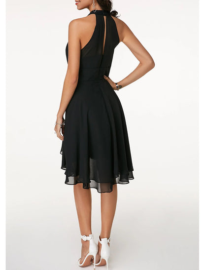 Wedding Guest Engagement Knee Length Sleeveless Neck Chiffon V Back with Sleek Tiered Party Dress