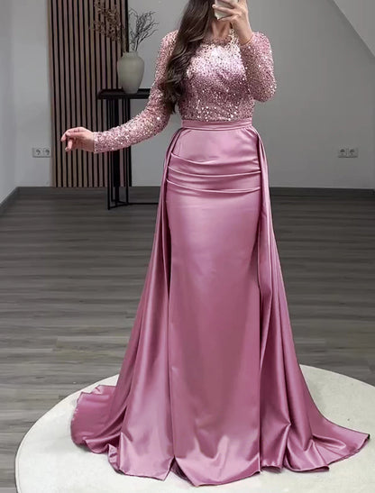 Mermaid Sequin Gown Ruched Satin Long Sleeves Floor Length Sparkle Illusion Neck Prom Wedding Guest Dress with Pearls Evening Dress