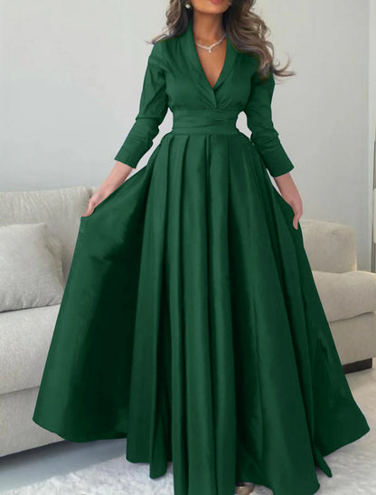 Gown Elegant Formal Length Sleeve V Neck with Pleats Evening Dress