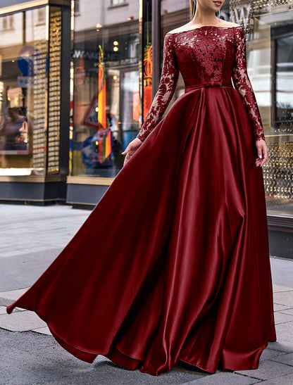 Elegant Dress Wedding Guest Fall Floor Length Long Sleeve Off Shoulder Belt / Sash Satin with Appliques Evening Dress