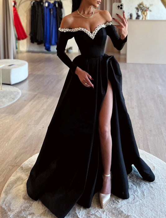 Gown Dress Formal Masquerade Sweep / Brush Train Long Sleeve Off Shoulder Satin with Pearls Slit Evening Dress