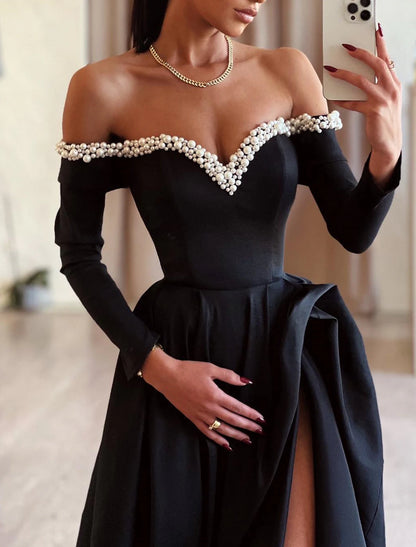 Gown Dress Formal Masquerade Sweep / Brush Train Long Sleeve Off Shoulder Satin with Pearls Slit Evening Dress