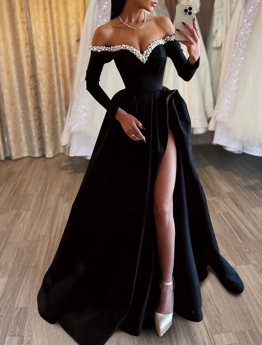 Gown Dress Formal Masquerade Sweep / Brush Train Long Sleeve Off Shoulder Satin with Pearls Slit Evening Dress