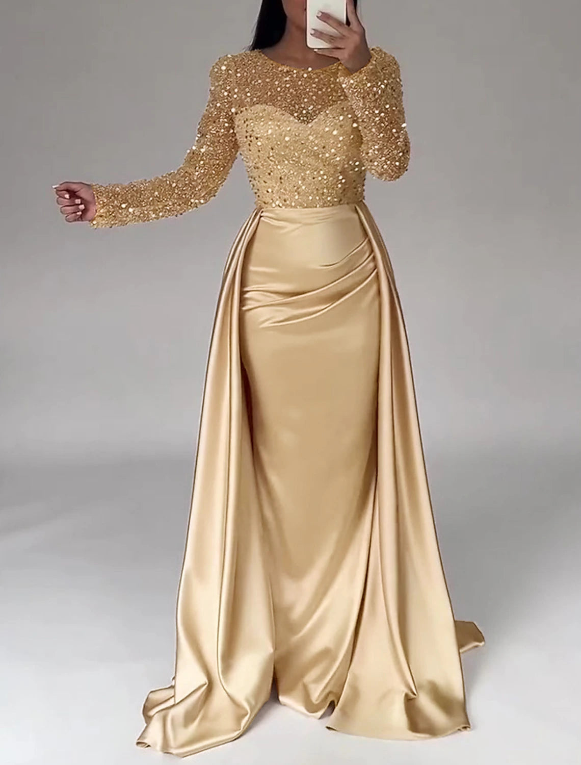 Mermaid Sequin Gown Ruched Satin Long Sleeves Floor Length Sparkle Illusion Neck Prom Wedding Guest Dress with Pearls Evening Dress