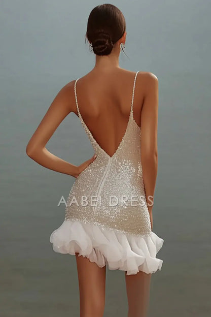 AABEI DRESS Hot Sale Homecoming Dress Sparkly Sequins Bodycon Deep V Neck Spaghetti Strap Backless Mini Graduation Dress
