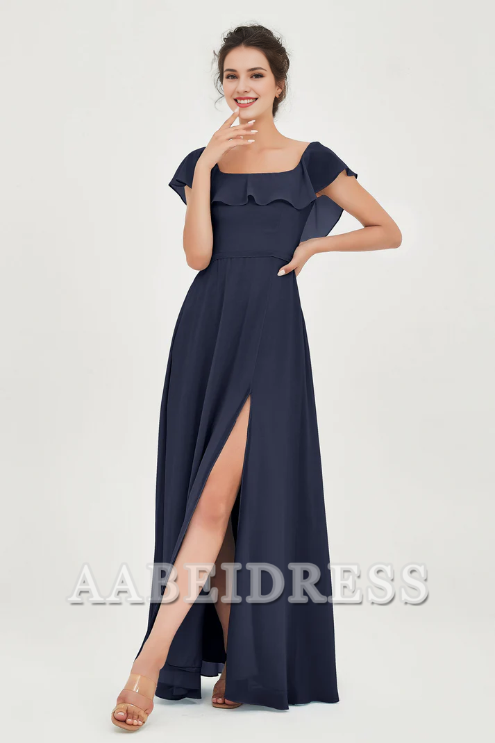 AABEI DRESS Bridesmaid Dresses Chiffon A-Line Square Neckline Flutter Sleeves Ruffle Side Fork Elegant Simple Wedding Guests Dresse